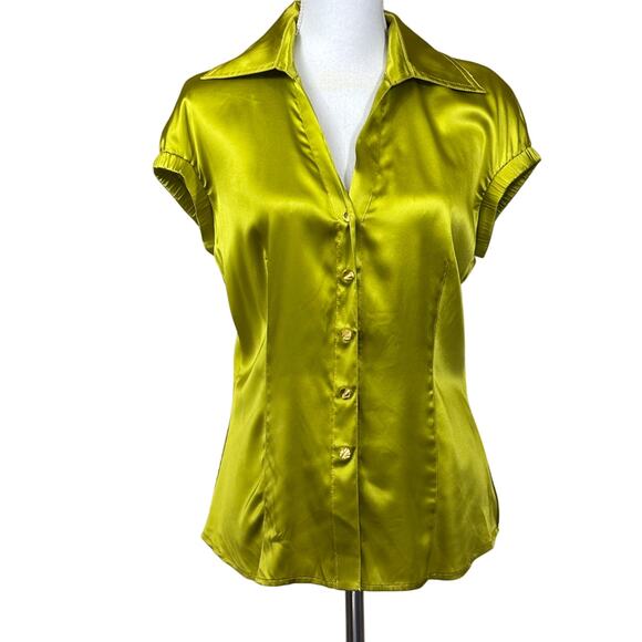 Cache green silk button front top, Y2K, bold, office to evening, polished chic - Picture 1 of 6
